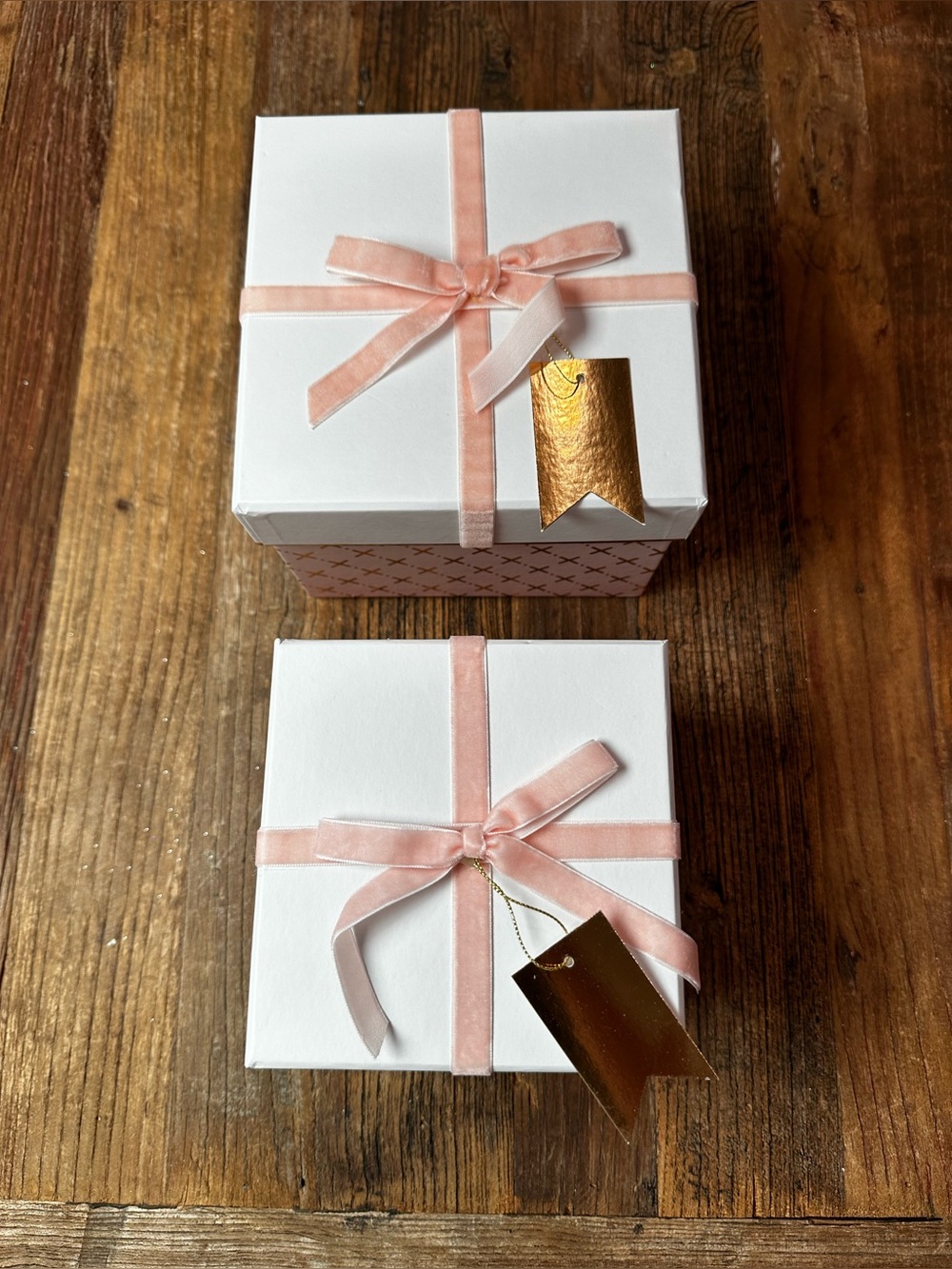 White Gift Boxes with Blush Pink Velvet Ribbon - Elegant Storage Set